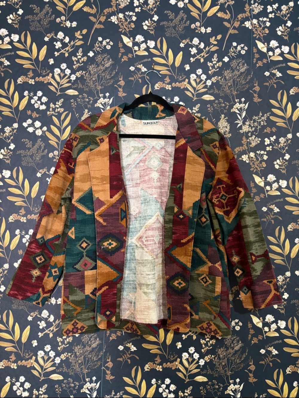 Vintage Sunbelt Multicolor Patterned Blazer Jacket Teal and Rust Accents M/L